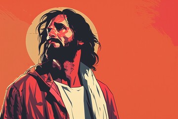 Minimalist Stylized Portrait of Jesus Christ in Contemplation Against an Orange Hue