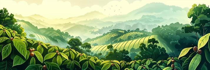 Poster Lush Coffee Plantations Rolling Across Colombian Hillsides Under a Cloudy Sky © Rade Kolbas