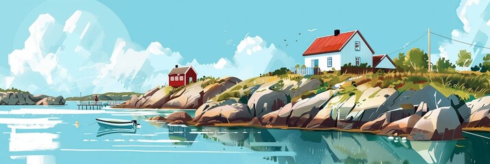 Serene Coastal Vista with Traditional Red Houses on the Gothenburg Archipelago, Copy Space