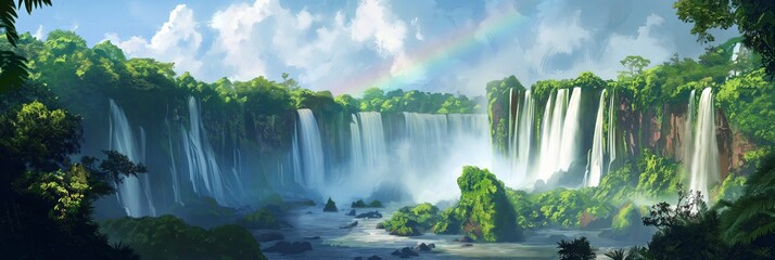 Iguazu Falls' Majestic Water Curtain amidst Lush Rainforest and Rainbow
