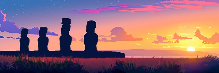 Moai Statues Overlooking the Ocean at Sunset on Easter Island
