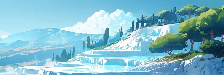 Pamukkale's Milky Terraces Against a Backdrop of Lush Greenery and Blue Skies - obrazy, fototapety, plakaty