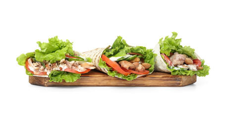 Board with tasty doner kebabs on white background
