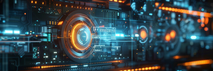 Cyberpunk Technical background abstraction UI UX modern trendy design. Place for text. Lines and dots. Template poster invitation banner email header. 3D Digital art. Horizontal. Generative Ai content