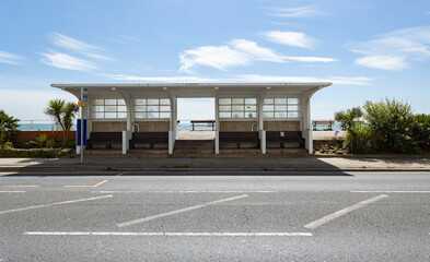 St Leonards, East Sussex, England 16, August 2023 Art deco seaside beach shelter. A beautiful and...