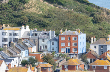 Obraz premium Hastings, united kingdom, 24, August 2023 General view of Hastings old town from West Hill with green hills in the background