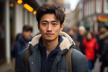 A Asian Man in his 20s or 30s talking head shoulders shot bokeh out of focus background on a cosmopolitan western street vox pop website review or questionnaire candid photo - obrazy, fototapety, plakaty