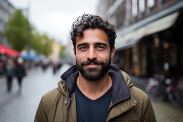 A Arab Man in his 20s or 30s talking head shoulders shot bokeh out of focus background on a cosmopolitan western street vox pop website review or questionnaire candid photo - obrazy, fototapety, plakaty