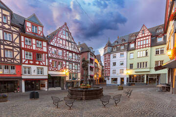 Market square in Cochem at dawn, beautiful town on romantic Moselle river, Germany