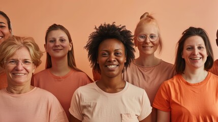 Diverse group of women wearing matching colors for a cause. Unity and strength concept with a focus on a smiling woman in the center. - obrazy, fototapety, plakaty
