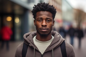A Black Man in his 20s or 30s talking head shoulders shot bokeh out of focus background on a cosmopolitan western street vox pop website review or questionnaire candid photo - obrazy, fototapety, plakaty