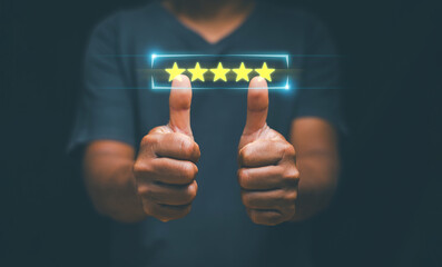 Customer evaluation feedback and satisfaction survey concept, Businessman hands thumbs up for...