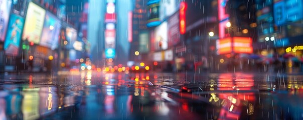 Rain-soaked city streets at night with neon lights. Urban landscape with a futuristic cyberpunk aesthetic.
