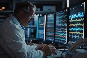 Research Scientist Analyzing Genetic Sequences on Computer Screens