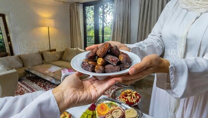 Concept Giving or Charity during Ramadhan Holy Month, Female Muslim Hand Over A Plate of Dates Fruit  hurma to Other. Ifthar and Ramadan Kareem Concepts.