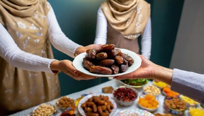 Concept Giving or Charity during Ramadhan Holy Month, Female Muslim Hand Over A Plate of Dates Fruit  hurma to Other. Ifthar and Ramadan Kareem Concepts. - obrazy, fototapety, plakaty