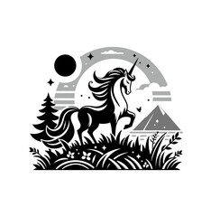 Fantasy unicorn monochrome vector illustration