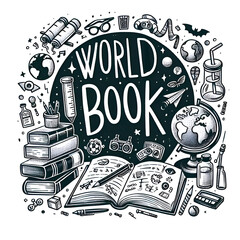 Hand Drawn World Book Day Illustration on Black World