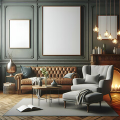 Mock up Poster and Canvas in Vintage Interior Background and Fireplace