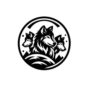 Wild wolf pack in nature isolated monochrome vector illustration
