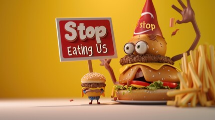 Whimsical plea: cartoon characters, fast food holding a sign 'Stop Eating Us.' A playful take on the concept of proper nutrition and the pursuit of a healthier lifestyle.