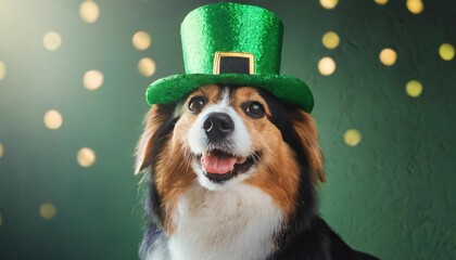 High-quality photo . Happy dog celebrating St. Patrick's Day, close-up. A young dog 