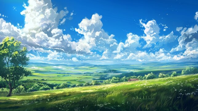 a beautiful japanese landscape view in anime cartoonish artstyle. a village with hill with mountains and fields. wallpaper background 16:9