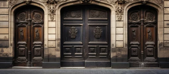 Foto op Canvas A close-up view of a couple of large wooden doors standing in front of a historical building in the streets of Prague. The doors are weathered and adorned with intricate carvings, © Vusal