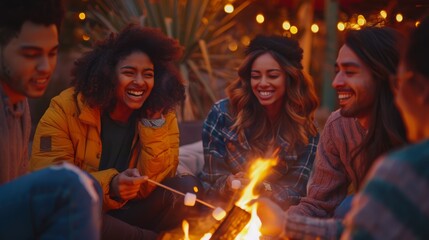 Friends laughing around a campfire at dusk. Outdoor candid lifestyle photo.