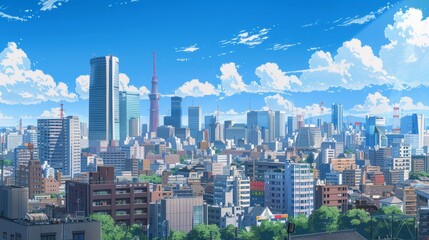 a beautiful view on tokyo japanese skyline city with scyscraper office buildings. anime cartoonish artstyle. wallpaper background 16:9 - obrazy, fototapety, plakaty