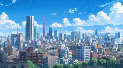 Fotobehang a beautiful view on tokyo japanese skyline city with scyscraper office buildings. anime cartoonish artstyle. wallpaper background 16:9 © SayLi
