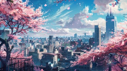 a beautiful view on tokyo japanese skyline city with scyscraper office buildings. anime cartoonish artstyle. cherry blossom growing. wallpaper background 16:9 - obrazy, fototapety, plakaty