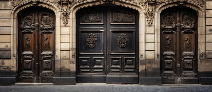 A close-up view of a couple of large wooden doors standing in front of a historical building in the streets of Prague. The doors are weathered and adorned with intricate carvings,