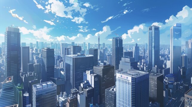 a beautiful view on tokyo japanese skyline city with scyscraper office buildings. anime cartoonish artstyle. wallpaper background 16:9