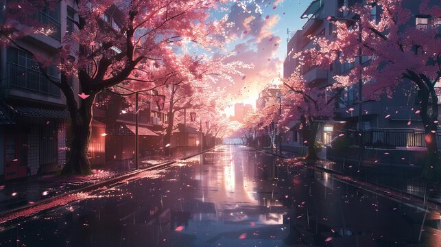 a beautiful tokyo city town view in anime cartoonish artstyle. wallpaper background 16:9