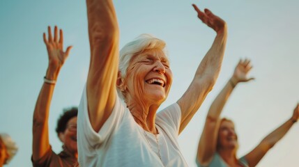 Elderly woman joyfully raising her hands with a group of people outdoors. Happiness and retirement concept