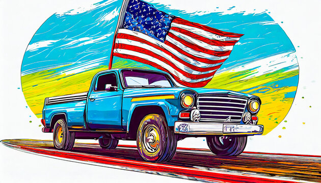 Pick up truck with the American flag