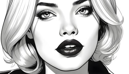 Comics style pop art artwork with blonde model black and white portrait, deep red lips