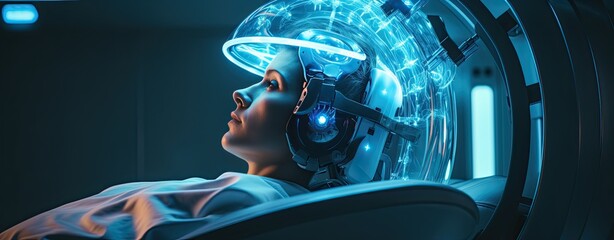 Man undergoing brain scan with scanning helmet in research lab