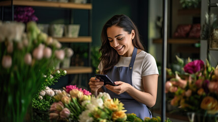 Smiling woman is standing in a flower shop looking at her smartphone, with shelves of plants and flowers in the background.