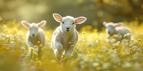 Fototapeta premium Capturing the Playful Energy and Innocence of Frolicking Lambs. Concept Outdoor Photoshoot, Animals, Playful Poses, Innocent Expressions, Joyful Moments