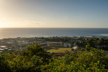Looking down on the Windsor Park Sports Stadium in Roseau, Dominica