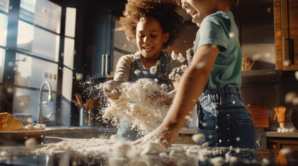 Two children gleefully throw flour in the air while baking in the kitchen, with excitement and joy evident in their expressions and movements.