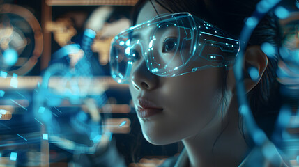 A closeup shot of an Asian woman wearing futuristic glasses with holographic data floating around her, immersed in the world of artificial intelligence at work