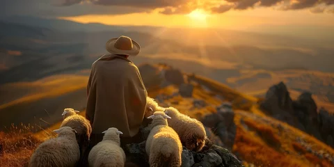 Fotobehang Heartwarming Bond Shepherd with Sheep Showcasing Connection. Concept Animal Friendship, Farm Life, Shepherd's Flock, Connection with Nature, Heartwarming Moments © Anastasiia