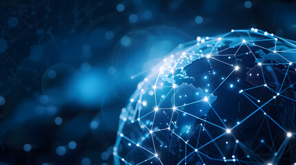 Fototapeta premium Abstract digital planet Earth with glowing connections and global network concept on dark blue background, technology wallpaper banner design