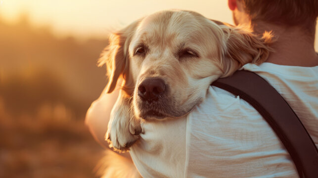 A content golden retriever dog enjoys a warm hug from a person, capturing a moment of affection and friendship in the soft glow of sunset.