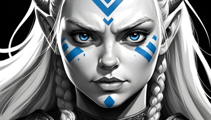 Black and white viking girl model cosplay close-up portrait, black and white, blue eyes, blue paint war signs on the face