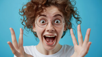 An exuberant person with curly hair and round glasses is raising their hands with a wide-open smile, exhibiting a playful and ecstatic expression against a blue background.