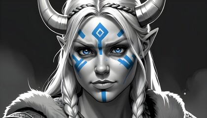 Black and white viking blonde model cosplay girl close-up portrait, blue eyes, blue face signs